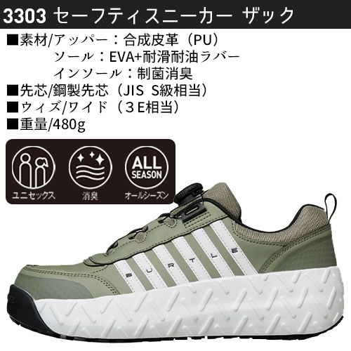 バートルの3303セーフティスニーカー（ザック）の商品画像。合成皮革アッパー、耐滑・耐油ラバーソール、制菌消臭インソール、JIS S級相当の鋼製先芯などの仕様を紹介したテキスト。