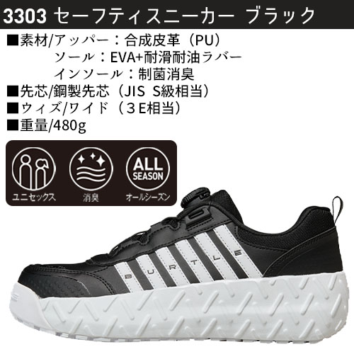 バートルの3303セーフティスニーカー（ブラック）の商品画像。合成皮革アッパー、耐滑・耐油ラバーソール、制菌消臭インソール、JIS S級相当の鋼製先芯などの仕様を紹介したテキスト。