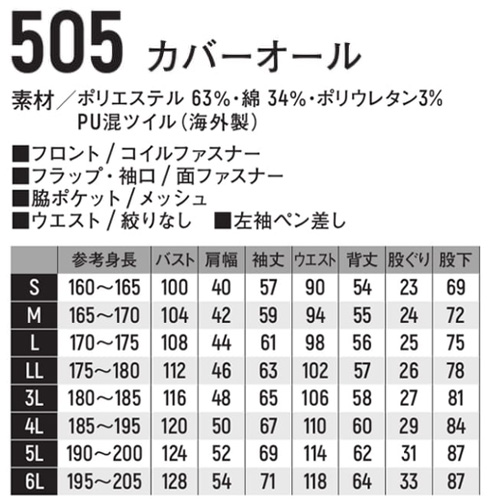 505カバーオールの詳細サイズ表と素材仕様をまとめた画像。PU混ツイル生地や各部のファスナー仕様、S〜6Lまでの寸法一覧を確認できるワークウェアの情報表示