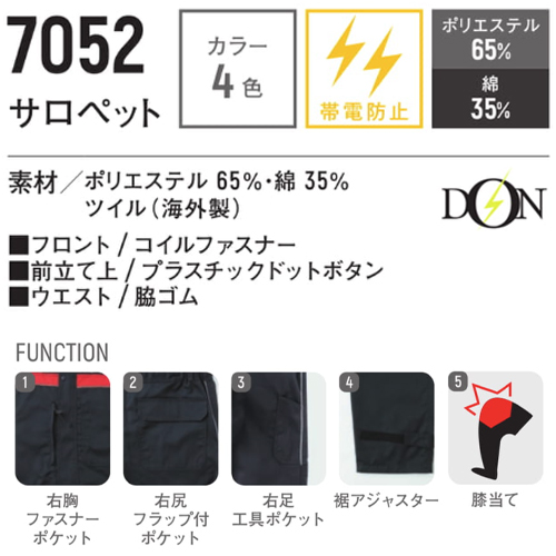 DON（ドン）7052 サロペットの機能解説。素材はポリエステル65%・綿35%の海外製ツイル。イナズママークのDONロゴと、帯電防止、カラー4色のアイコン。下部には、1 右胸ファスナーポケット、2 右尻フラップ付ポケット、3 右足工具ポケット、4 裾アジャスター、5 膝当ての5つのFUNCTIONを写真とアイコンで解説。