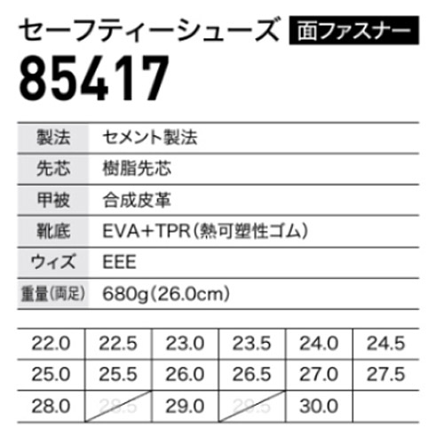 セーフティシューズ85417のサイズ表、機能説明