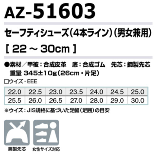 TULTEX セーフティシューズ AZ-51603 製品仕様（鋼製先芯・男女兼用・EEE、サイズ22.0〜30.0cm