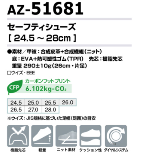 AZ-51681安全靴の仕様一覧。樹脂先芯・ニットアッパー・ダイヤルシステム搭載で軽量290gのEEE設計。素材やサイズなど詳細スペックをまとめた紹介画像