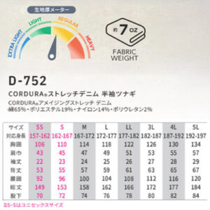 CORDURA®ストレッチデニム半袖ツナギ D752 サイズ表・オンス・説明文