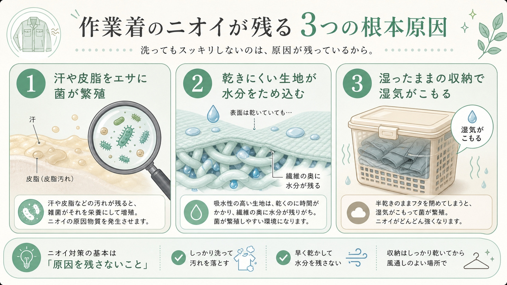 作業着の臭いが取れない原因を示す図