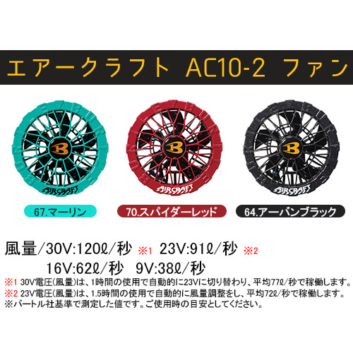 バートル エアークラフト AC10-2 ファンのカラー（マーリン、スパイダーレッド、アーバンブラック）と電圧別の風量スペック紹介画像。